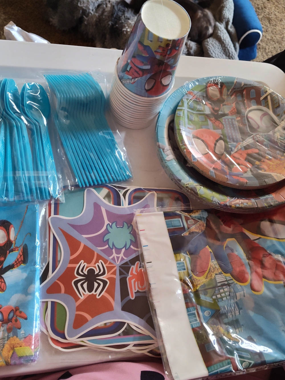 Spider-Themed Party Set. 16 Cups,Plates, Silverware, Tablecloth, Napkins And Ban